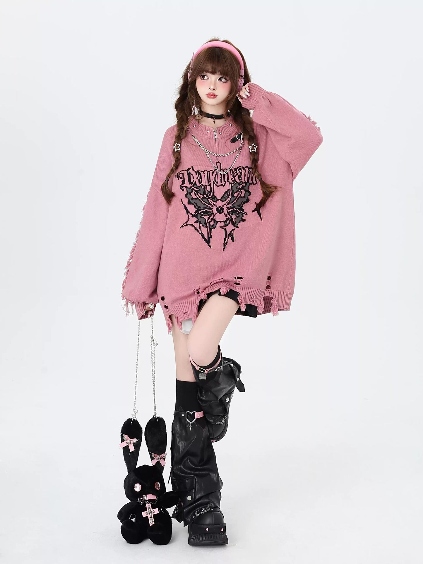 Crazy Girl Daydream Butterfly Black White Pink Red Knit Sweater