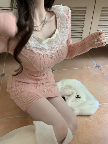 Lazy Girl Fall White Pink Black Lace Collar Knit Bodycon Dress