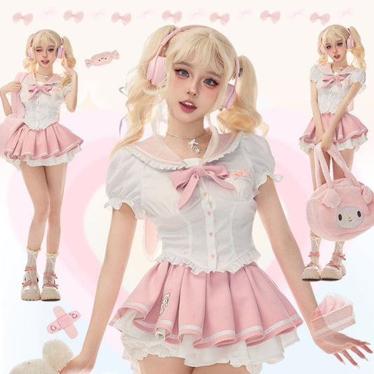 Serendipity Melo Bunny Pink Bow Sailor Collar Seifuku Shirt & Pleated Skirt Two Piece Set