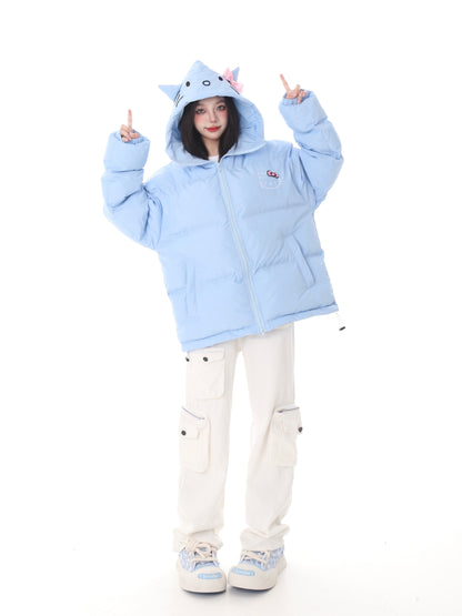 Pink White Blue Cartoon Kitty Cat Winter Thick Padded Puffer Jacket