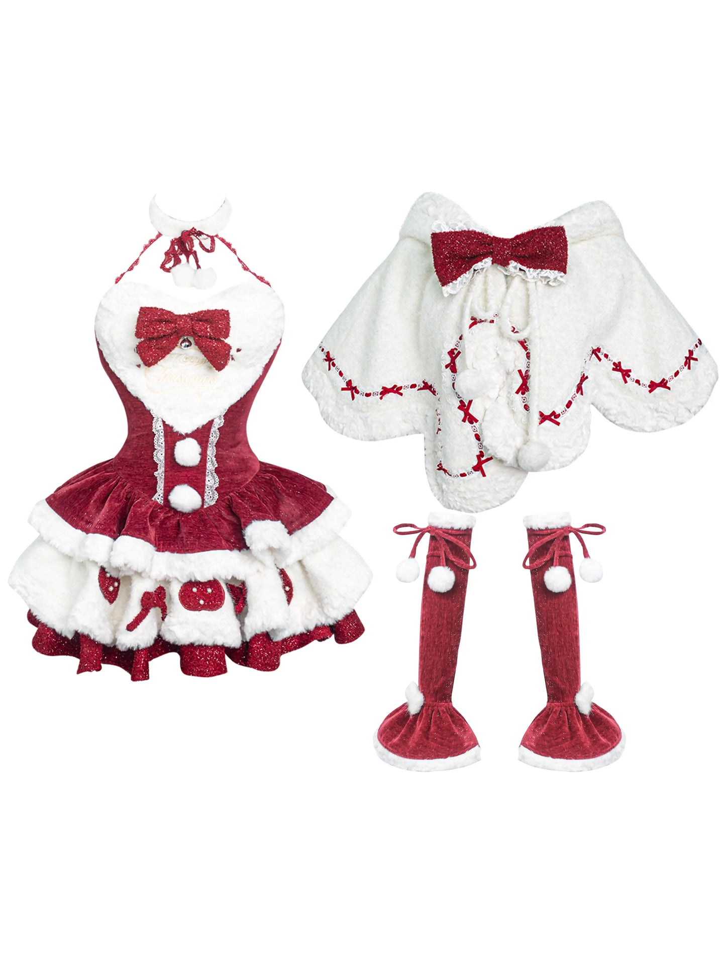 Serendipity Christmas Strawberry Rabbit Ears Cape & Red Dress & Arm Warmers Three Piece Set