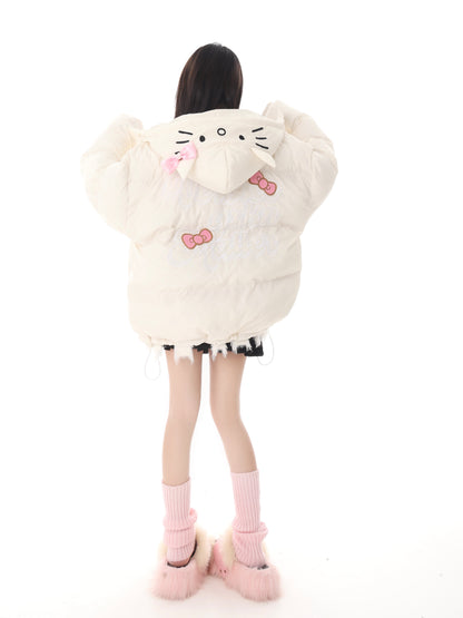 Pink White Blue Cartoon Kitty Cat Winter Thick Padded Puffer Jacket