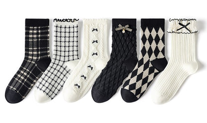 Gothic Black & White Bow Argyle Pattern Cotton Socks 6 Patterns Pairs Sets