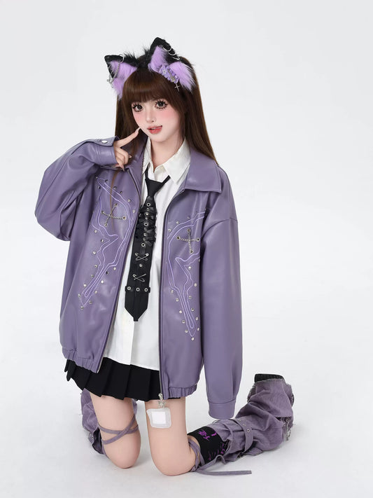 Crazy Girl Butterfly Beads Purple Brown Black Leather Jacket