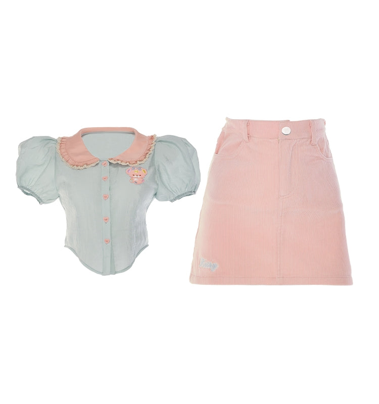 Serendipity Cute Teddy Bear Embroidery Blue Puff Sleeve Shirt & Pink Skirt Two Piece Set