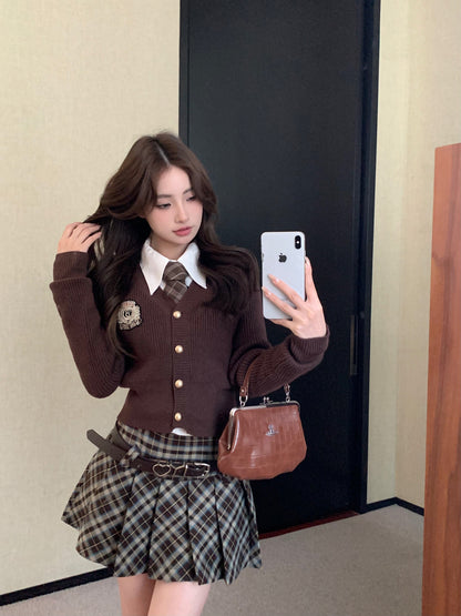 Monet Academia Busan Art Student Brown Cardigan & White T Shirt & Plaid Skirt Three Piece Set