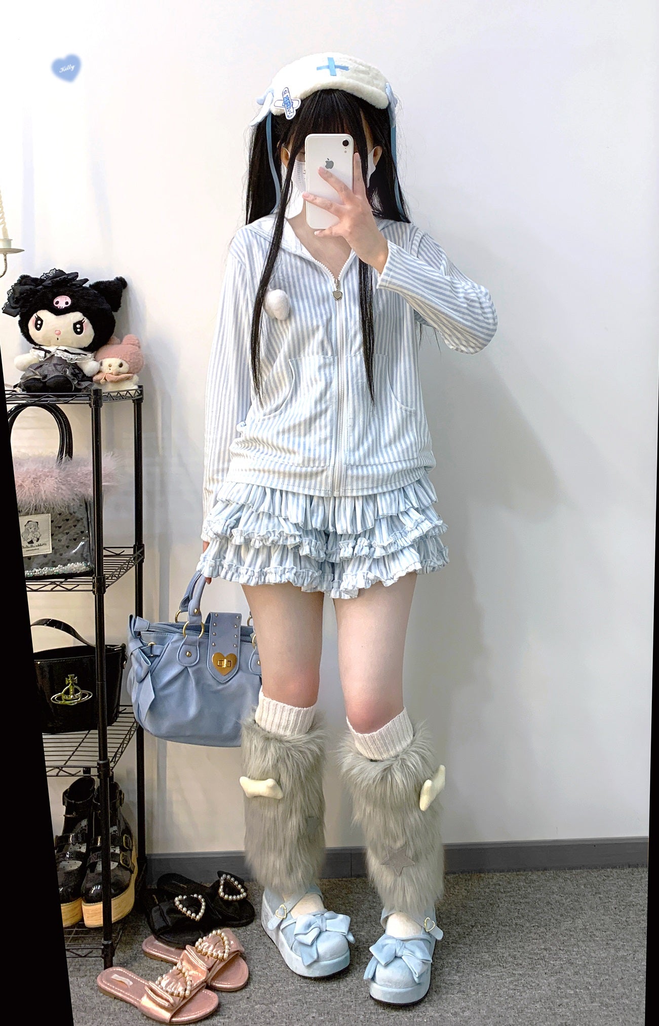 Kitten Bullet Heavenly Hospital Striped Blue Black Rabbit Ears Hoodie Skirt Two Piece Set