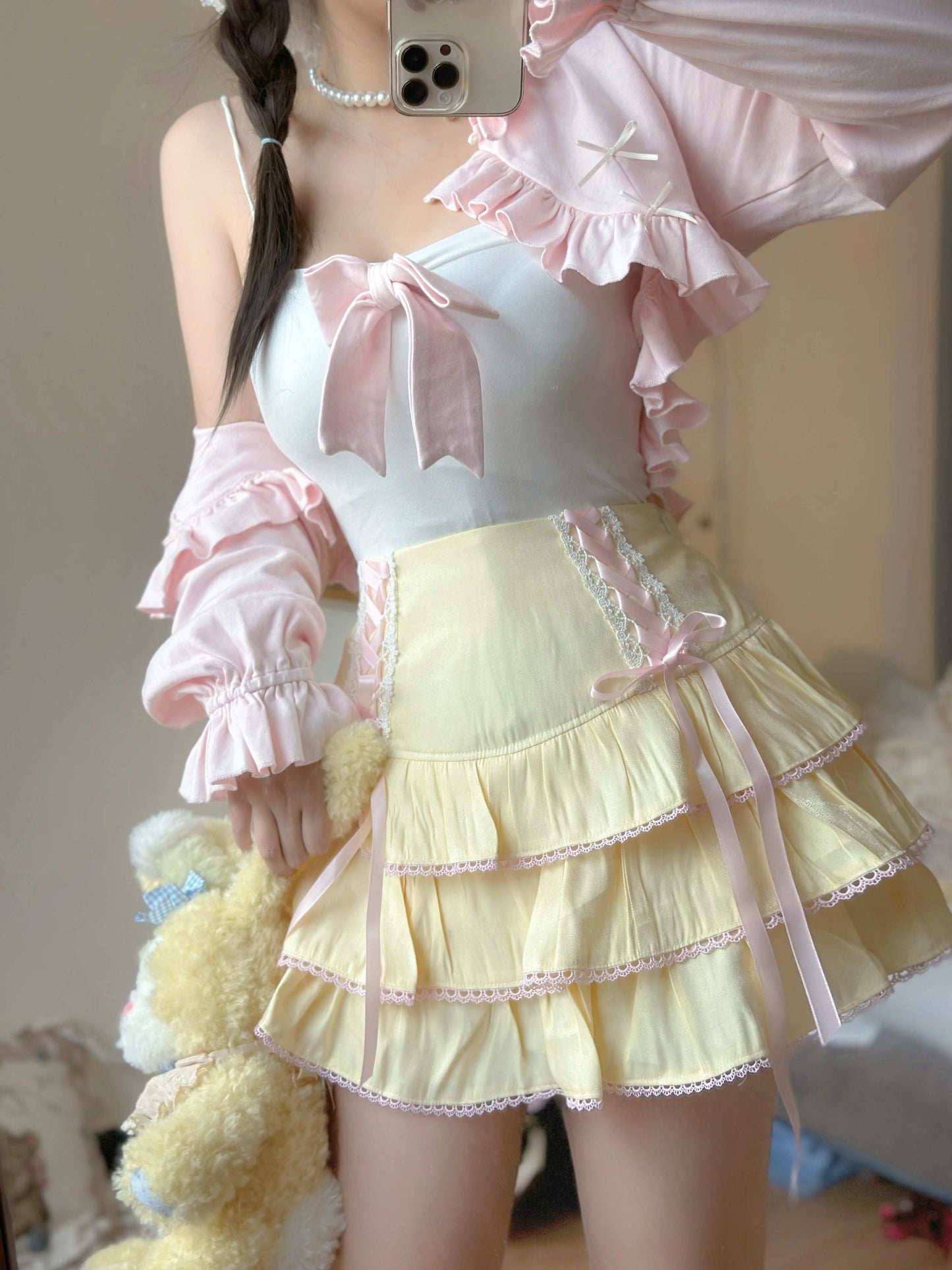 Sweet Colorful Pastel Doll Ruffled Bow Cake Layered Mini Skirt