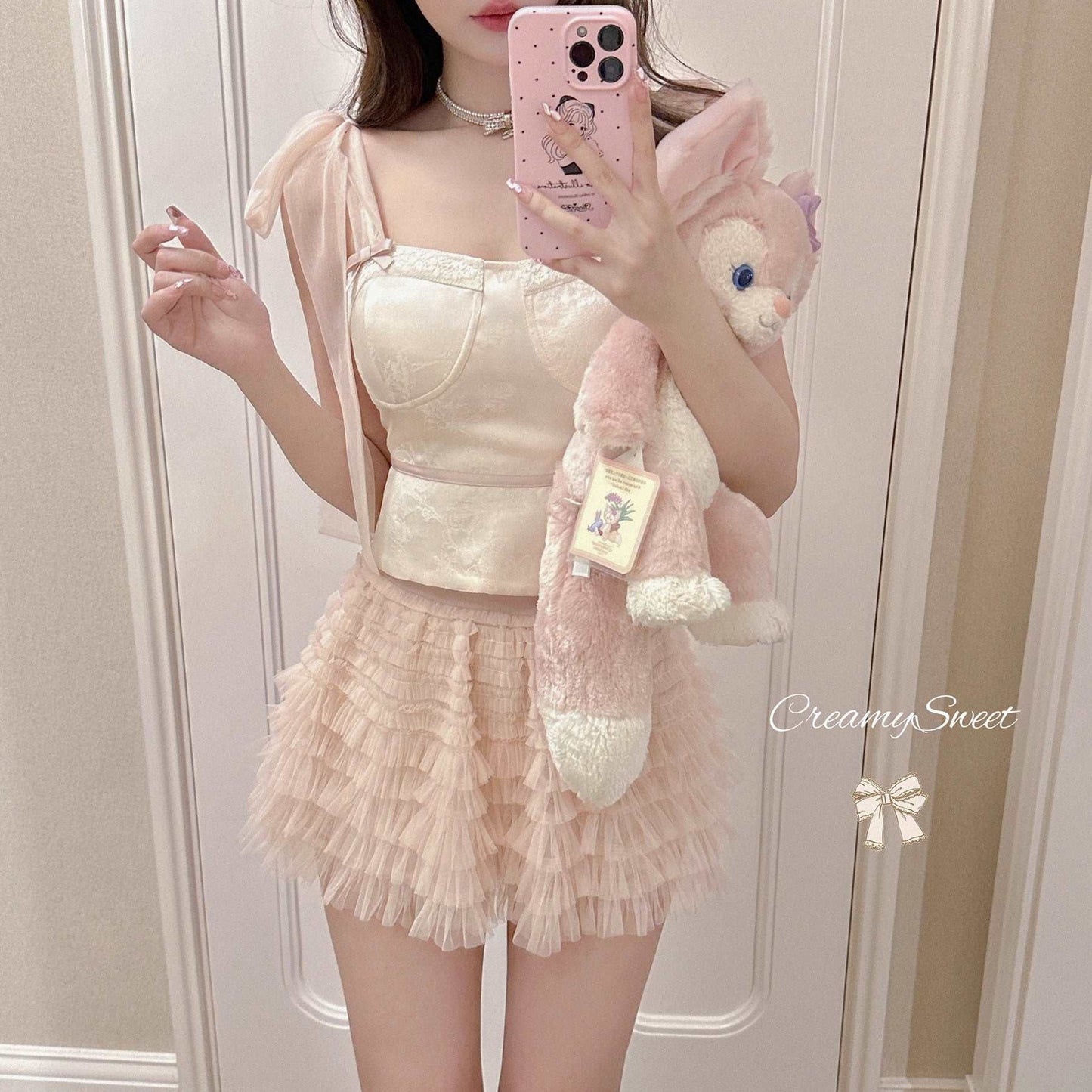 Creamy Sweet Coquette Vintage White Camisole Pink Frill Mini Skirt Pink Cardigan Three Piece Set