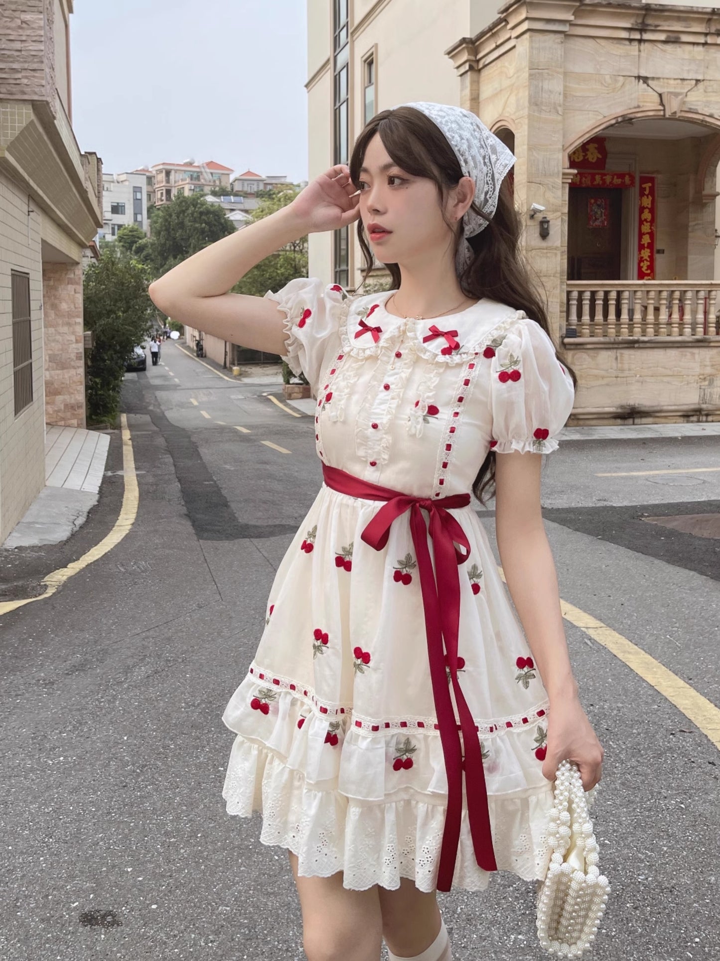 Ruellia Summer Cherry Red Cream Puff Sleeve Dress