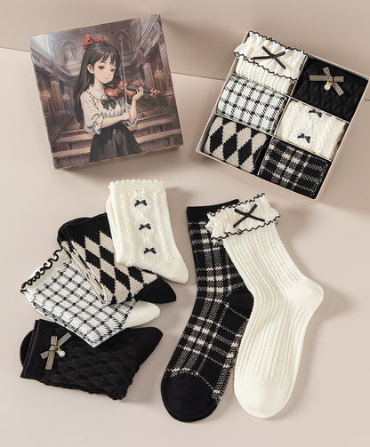 Gothic Black & White Bow Argyle Pattern Cotton Socks 6 Patterns Pairs Sets