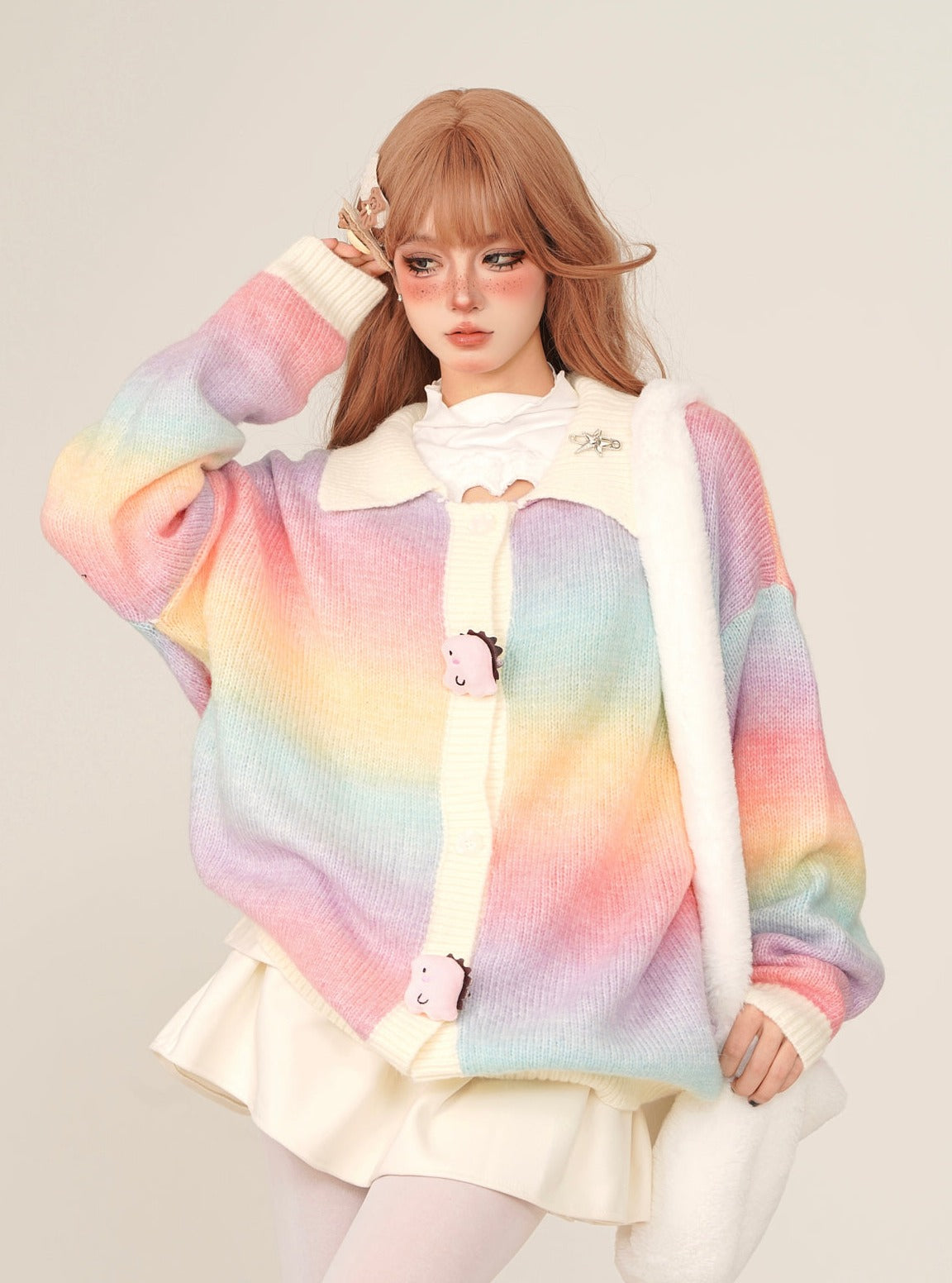 Young Eyes Spring Autumn Dinosaur Polo Neck Rainbow Cardigan Sweater