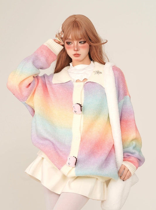 Young Eyes Spring Autumn Dinosaur Polo Neck Rainbow Cardigan Sweater