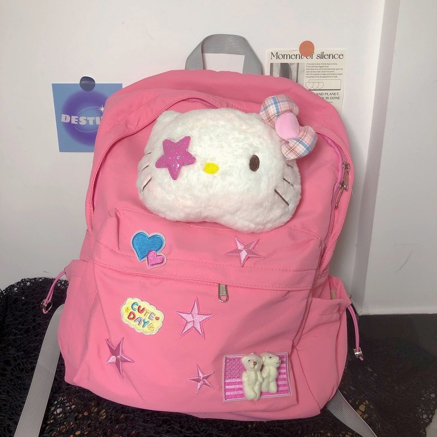 Kitty Cat Pink Cartoon Y2k Star School Backpack Bag