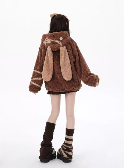 Crazy Girl Patchwork Brown Pink Rabbit Ears Jacket Hoodie