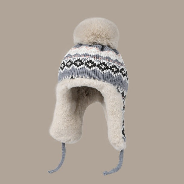 Cute Patterns Sweet Woolen Knit Plush Velvet Thick Warm Winter Trapper Hat