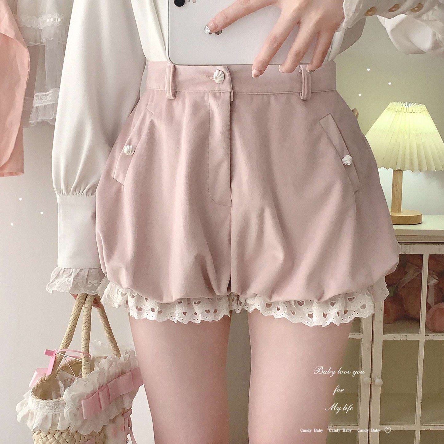 Dormir Doll Lolita Winter Velvet Cute Red Pink Gray Lace Shorts