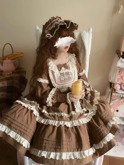 EGL Bear Pink Brown Puff Sleeve Ruffle Cake Dress