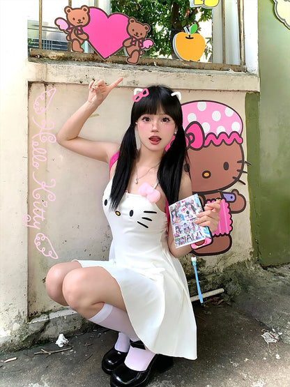 Cute Tasty Kitty Cat White Suspender Dress