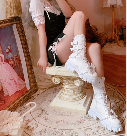 Pinky EGL Princess Bow Cross Silver Chain Winter White Black Boots Shoes