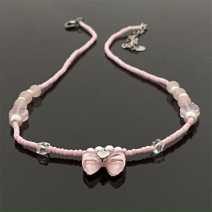 Lovely Y2K Coquette Beaded Cute Bow Love Pink Necklace