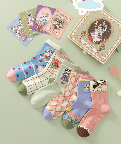 Cute Calico Cat Colorful Cotton Socks 6 Patterns Pairs Sets