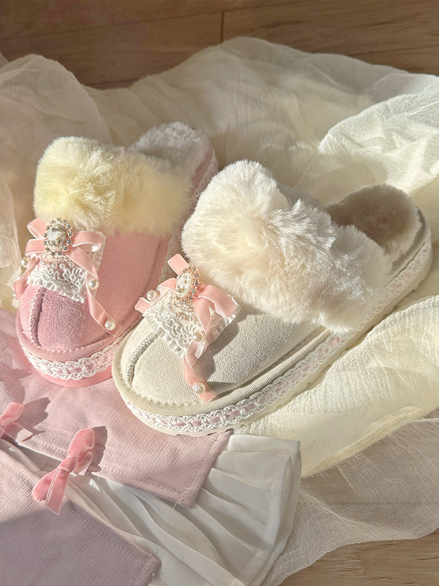 Pinky Winter Cute Sweet Princess White Pink Fur Slippers Shoes