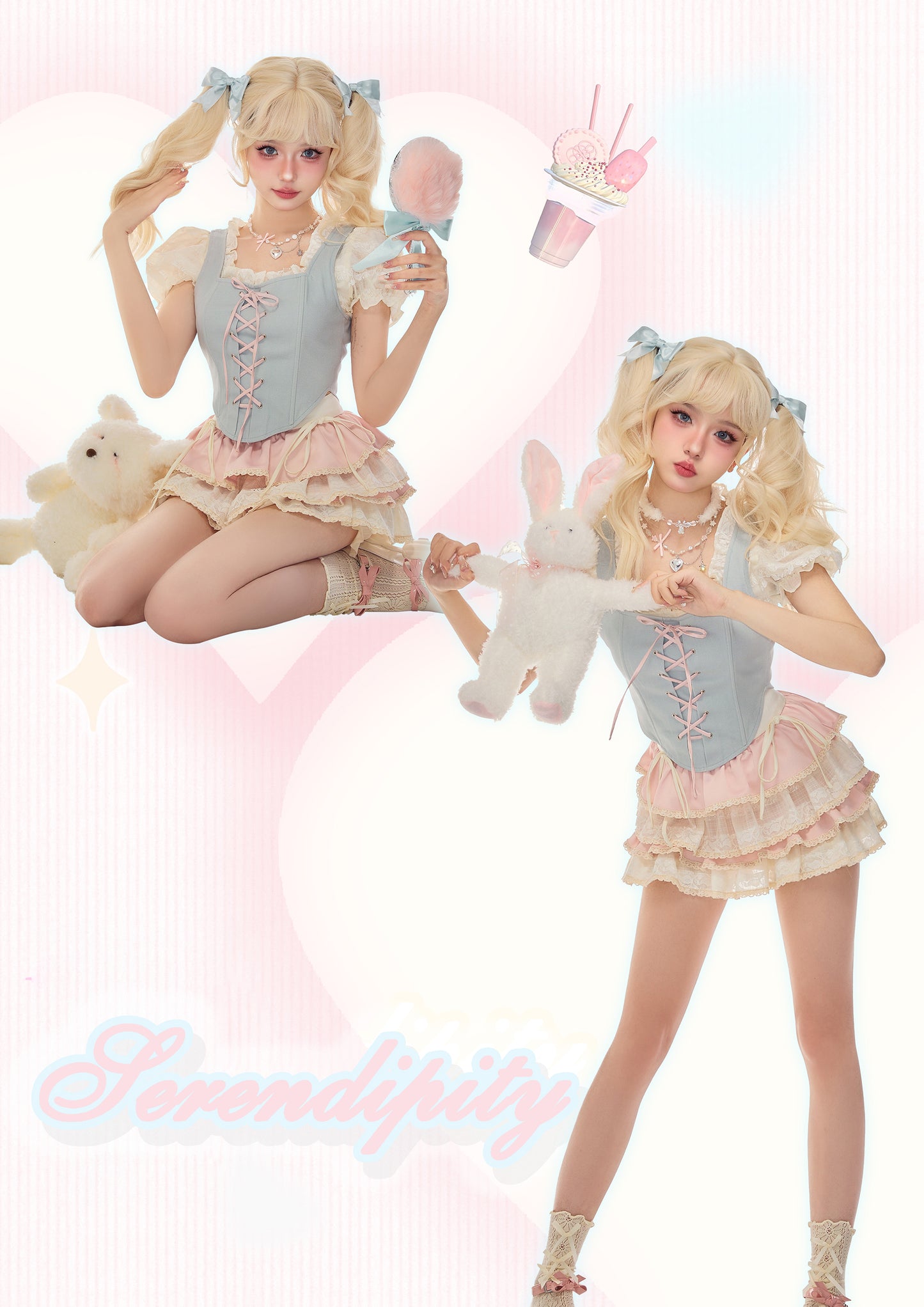 Serendipity Coquette Balletcore Ribbon White Lace Puff Sleeve Shirt & Blue Vest & Pink Mini Short Skirt Three Piece Set