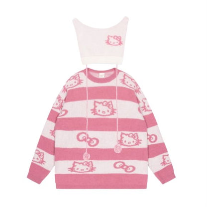 Kitty Cat Striped Pink Black Knit Y2K Pullover Sweater