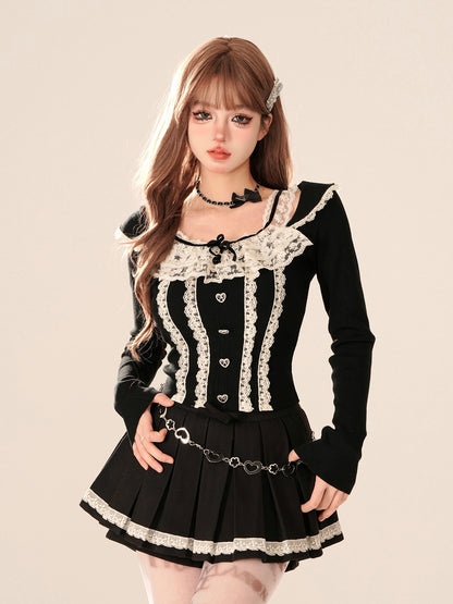 Young Eyes Coquette Square Collar Lace Black Gray White Shirt Top