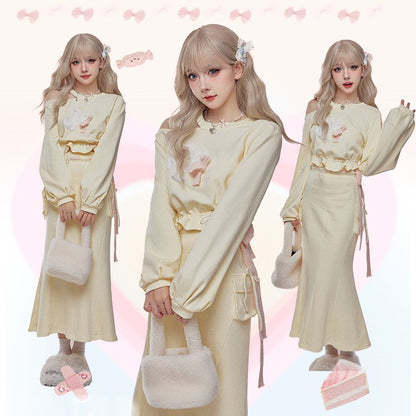 Serendipity Autumn Butter Yellow Rabbit Sweater Shirt & Long Skirt Two Piece Set