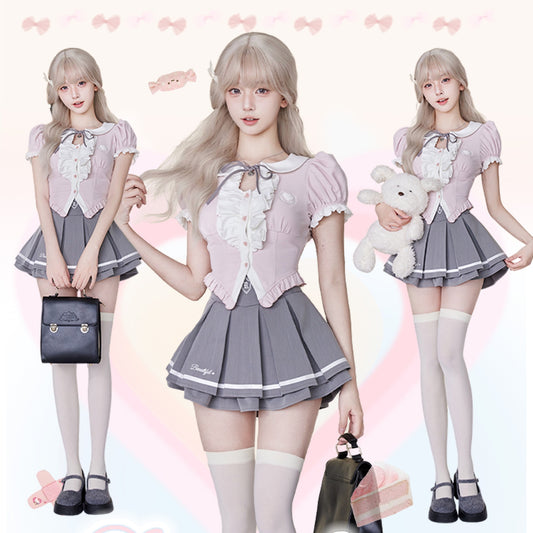 Serendipity Korean Academy Pink Top & Gray Pleated Skirt Two Piece Set