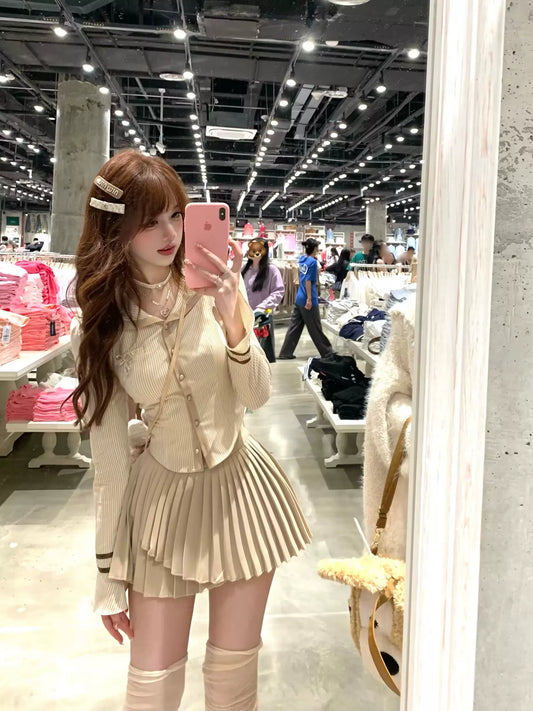 Lazy Girl Riza College Girl Beige Brown Striped Long Sleeve Shirt Top & Skirt Two Piece Set