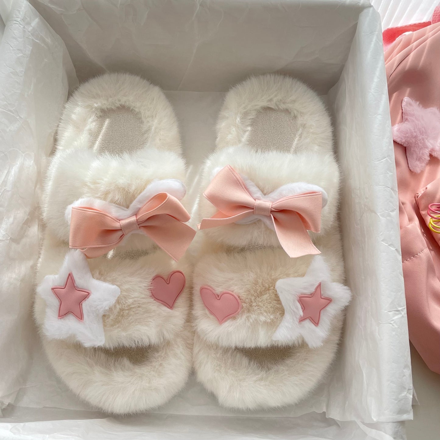 Star Heart Love Pink Bow Plush Fluff Slippers Shoes