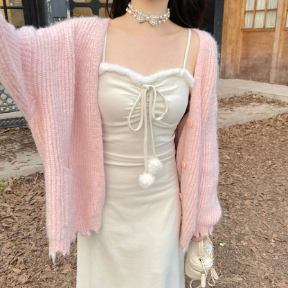 Ruellia Lady White Cream Pink Long Strap Dress & Plush Fur Pink Cardigan Two Piece Set