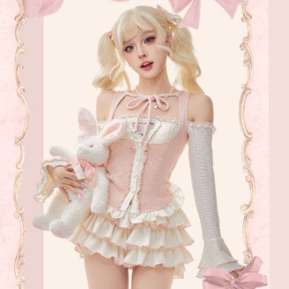 Serendipity Angel Love Coquette Balletcore Pink White Vest Long Sleeve Shirt Skirt Three Piece Set