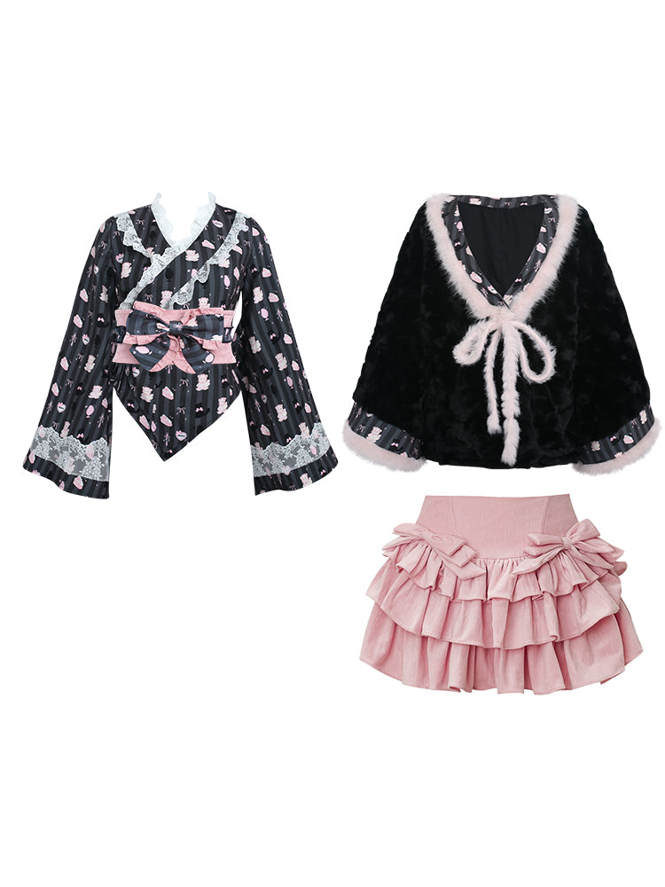 Serendipity Fireworks Song Kimono Black Top & Jacket & Pink Skirt Three Piece Set