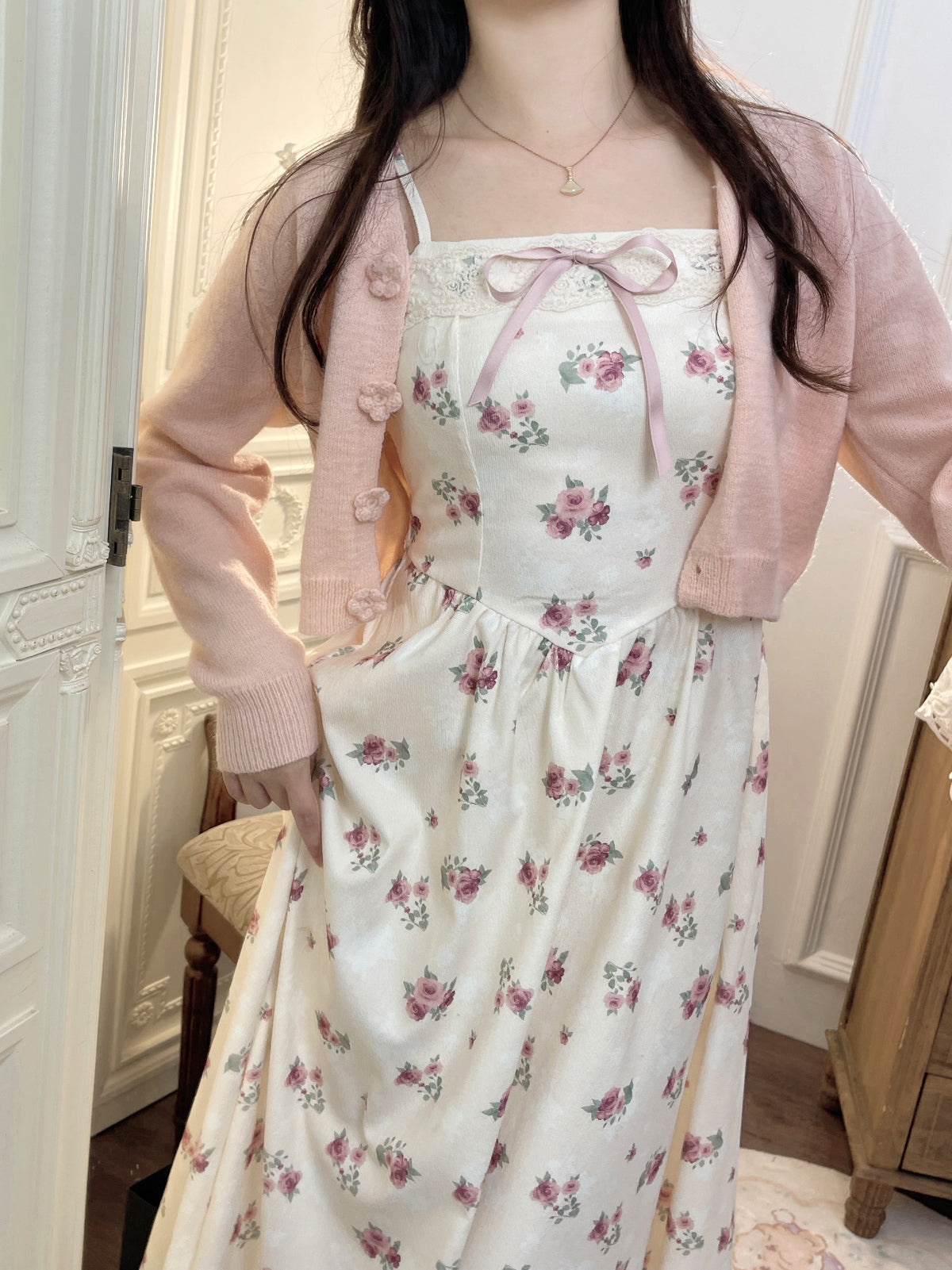 Ruellia Rose Floral White Strap Dress Pink Red Cardigan Two Piece Set