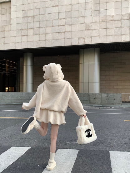 Cute Fall Winter White & Brown Bear Ears Hooded Jacket Skirt Two Piece Set