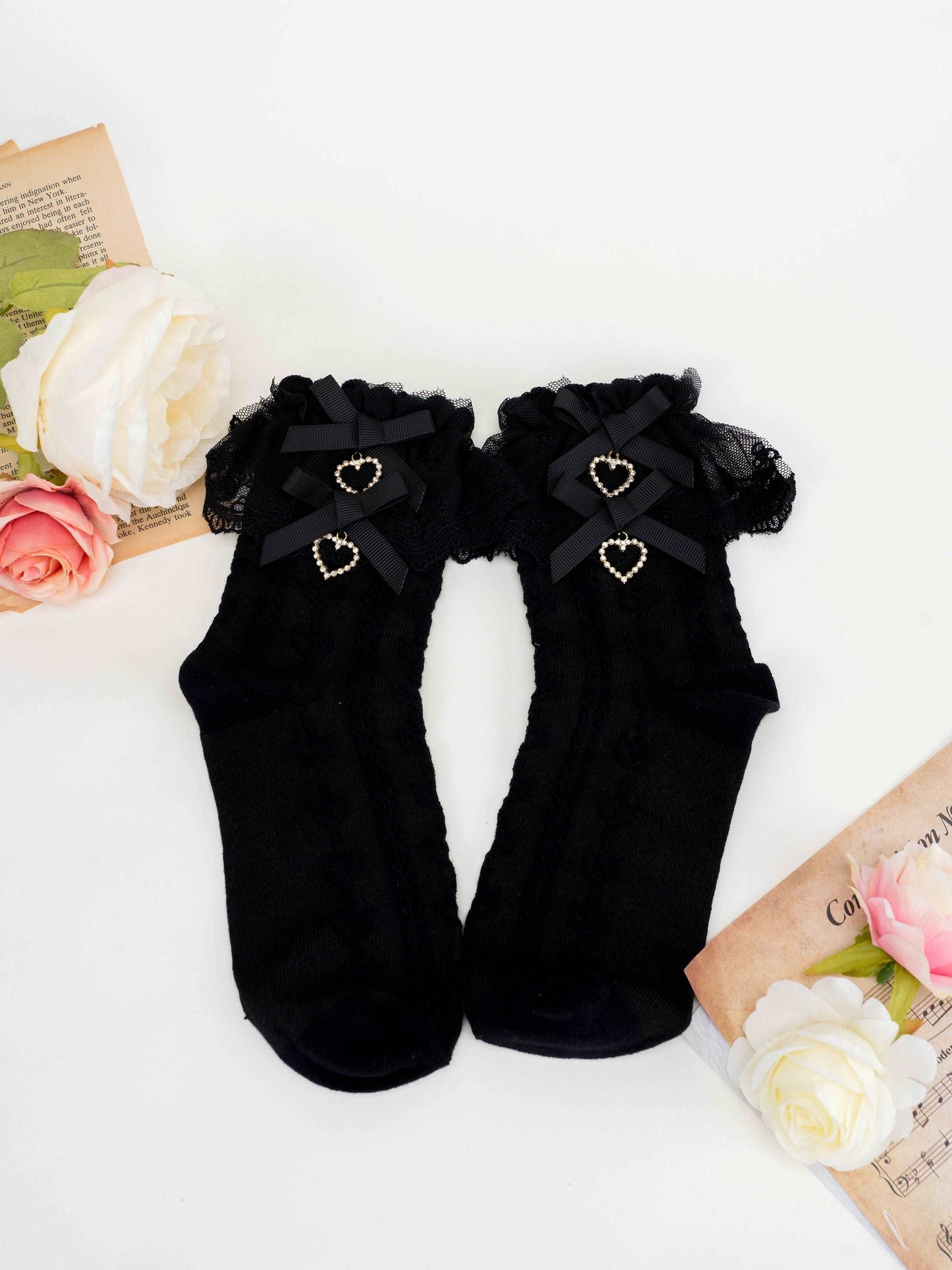 Elegant Princess EGL Black White Pink Lace Love Twin Bow Socks