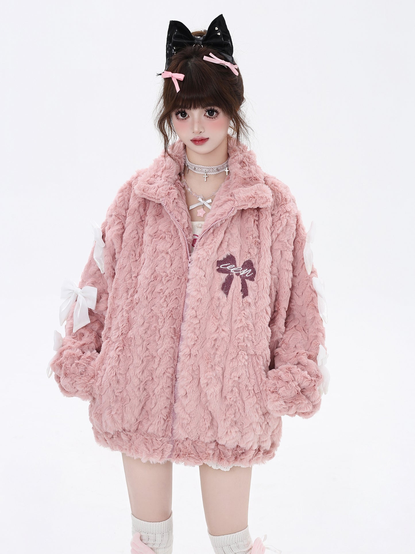 Crazy Girl Triples Bow Fleece Pink White Plush Jacket