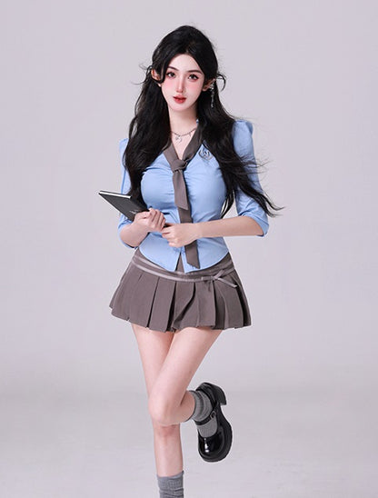 Kiki Academia Anime Senior Pink Blue Gray Shirt Top & Skirt Two Piece Set