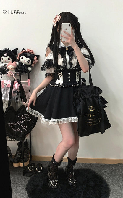 Kitten Bullet Jirai Kei Doll Mode Lace Pink Black Blue Suspender Skirt