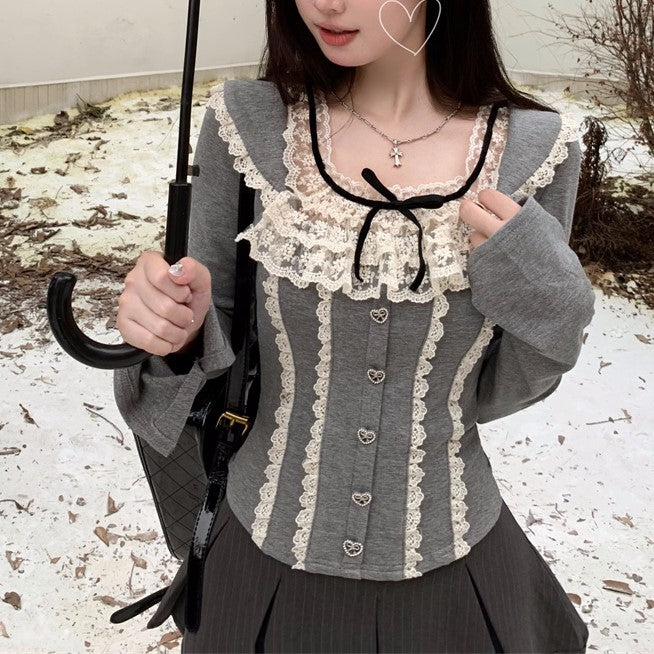 Young Eyes Coquette Square Collar Lace Black Gray White Shirt Top