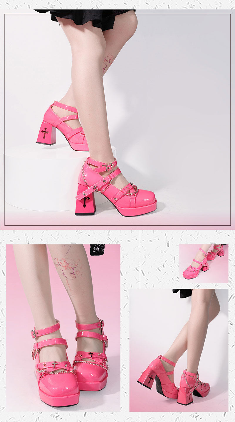 Walpurgis Night Cross Strap Egl Square Toe High Heels Platform Shoes