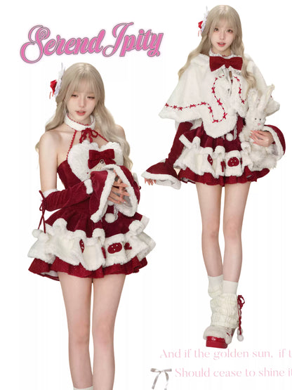 Serendipity Christmas Strawberry Rabbit Ears Cape & Red Dress & Arm Warmers Three Piece Set