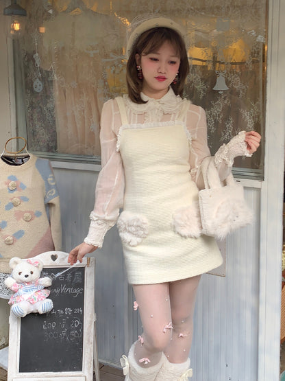 Picnic Girl Winter Warm Heart Cute White Strap Dress