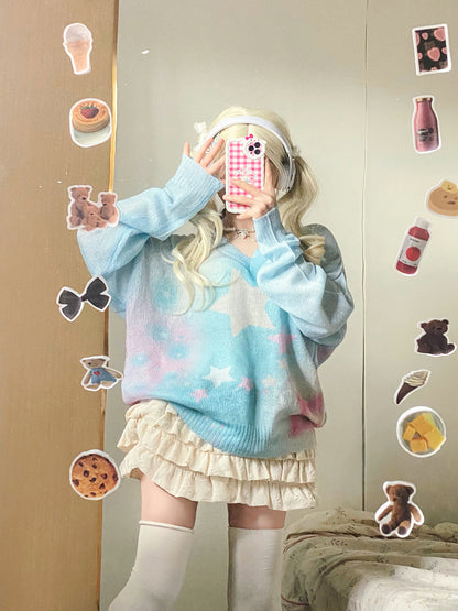 Serendipity Gradient Star Blue & White Y2K Knit Oversize Sweater