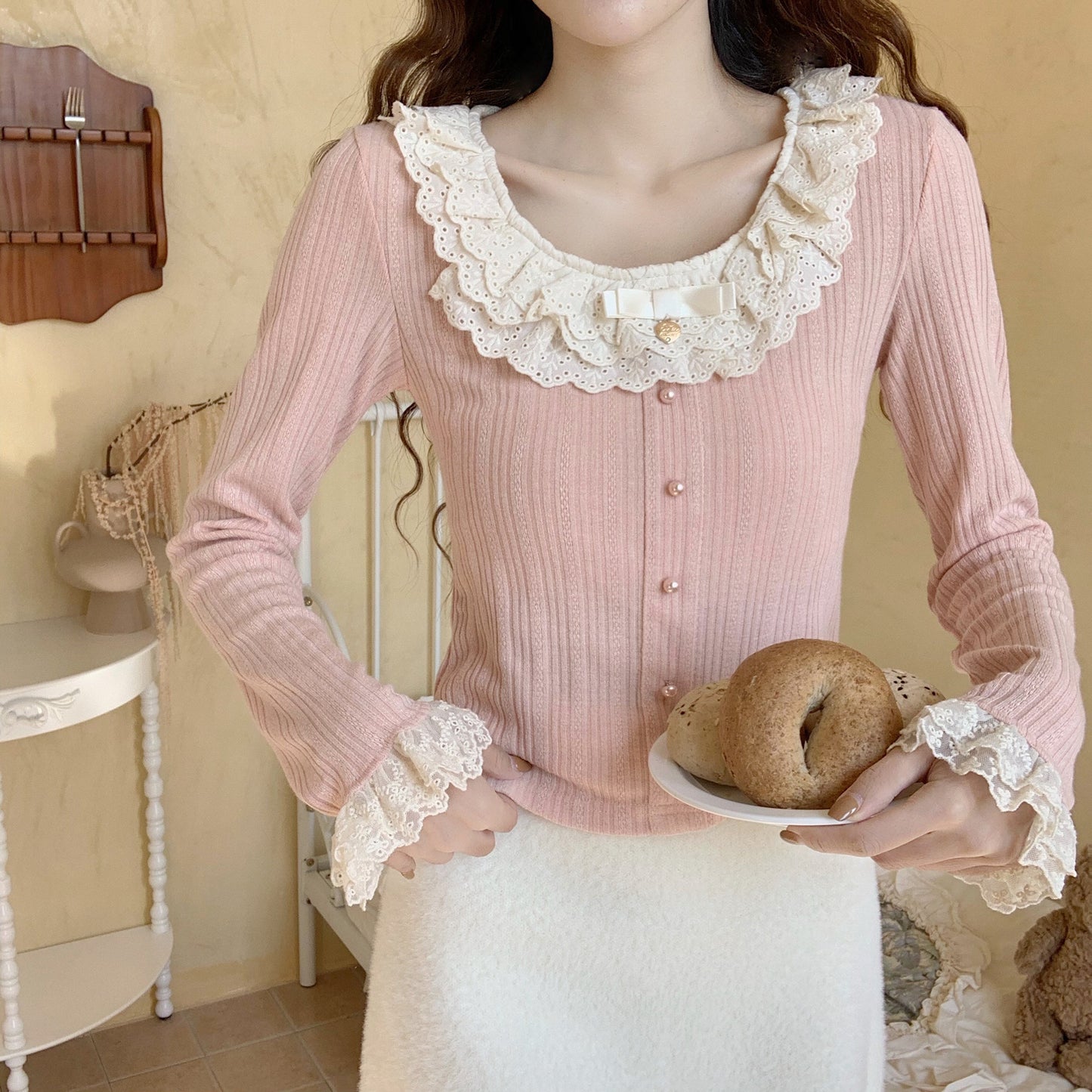 Sweet Pink Blue Cream Coquette Lace Slim Fit Shirt Blouse Top