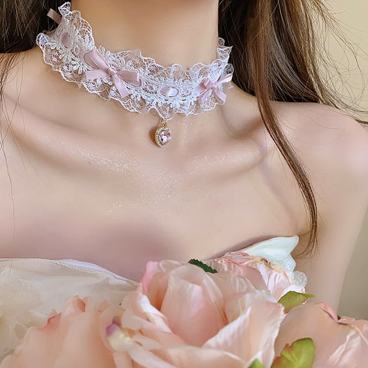 Lace Heart Pendant Pink Black Coquette Necklace Choker Collar